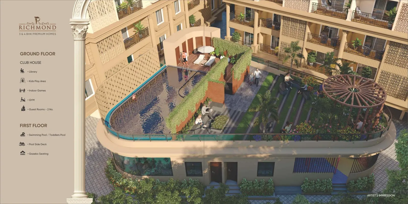 Richmond clubhouse and first-floor swimming pool with landscaped deck — artist's impression