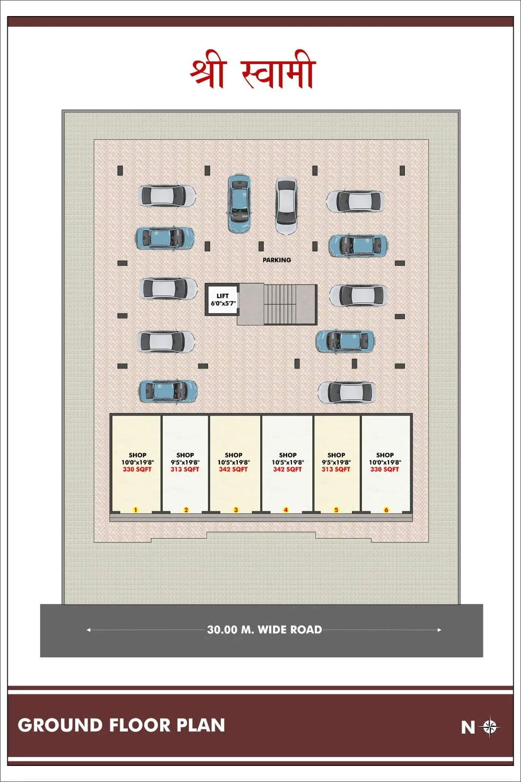 Shree Swami ground floor plan with parking, lift and six shops